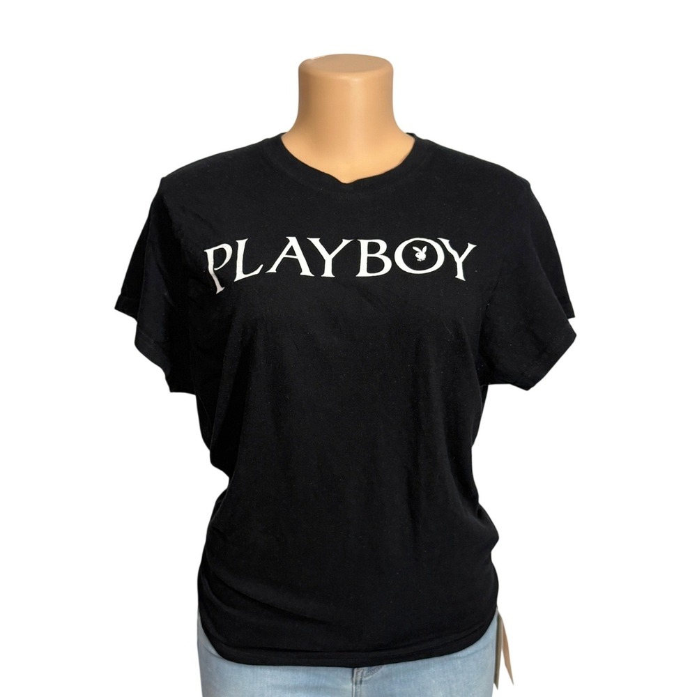 Playboy Graphic T-Shirt Womens Large‎ Black Cotton Short Sleeve Logo Crew Neck
